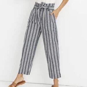 Madewell linen blend paperbag waist indigo stripe pants